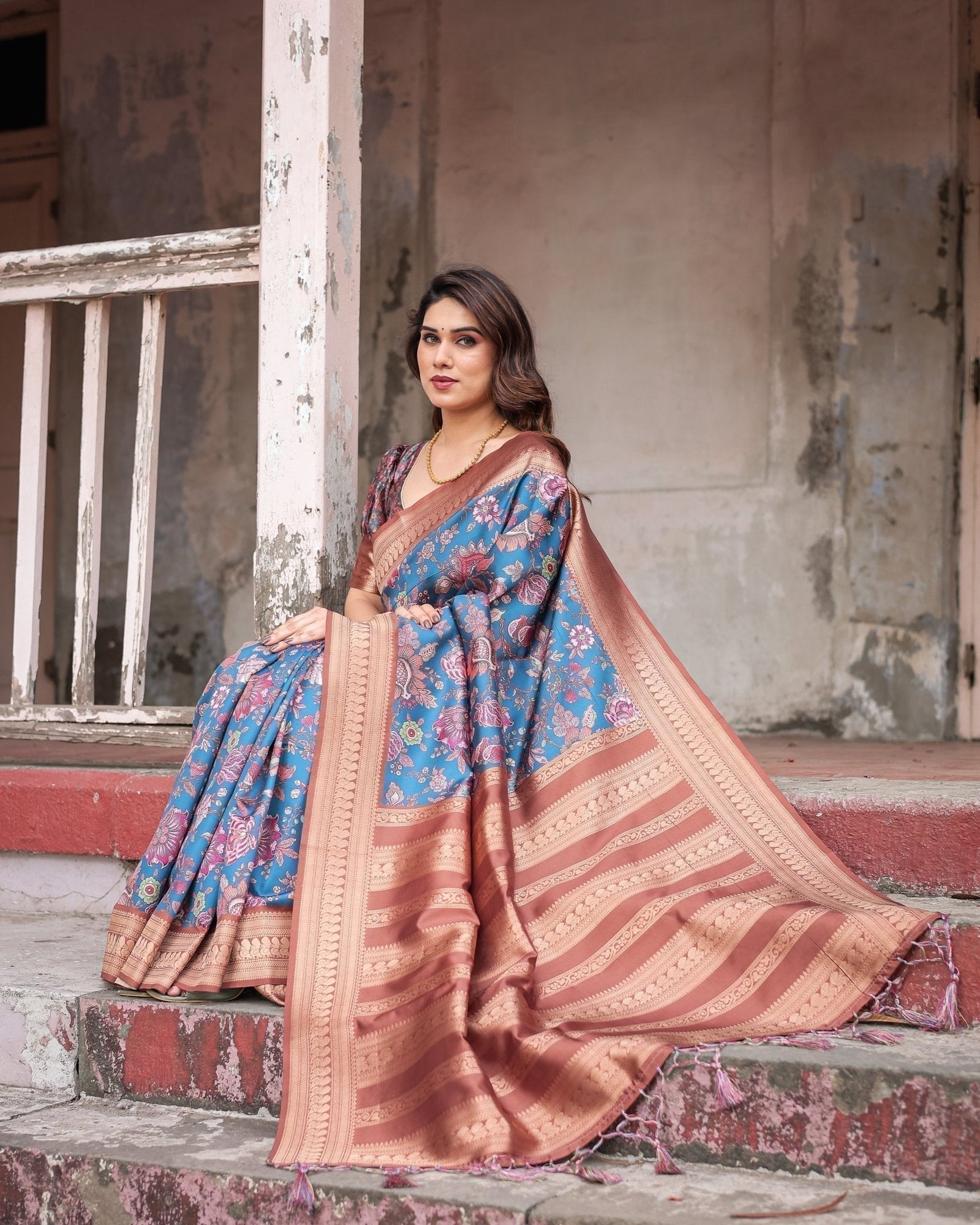 Teal Banarasi Silk Saree with Rust Zari Border and Floral Motifs BANARASI PRINTED