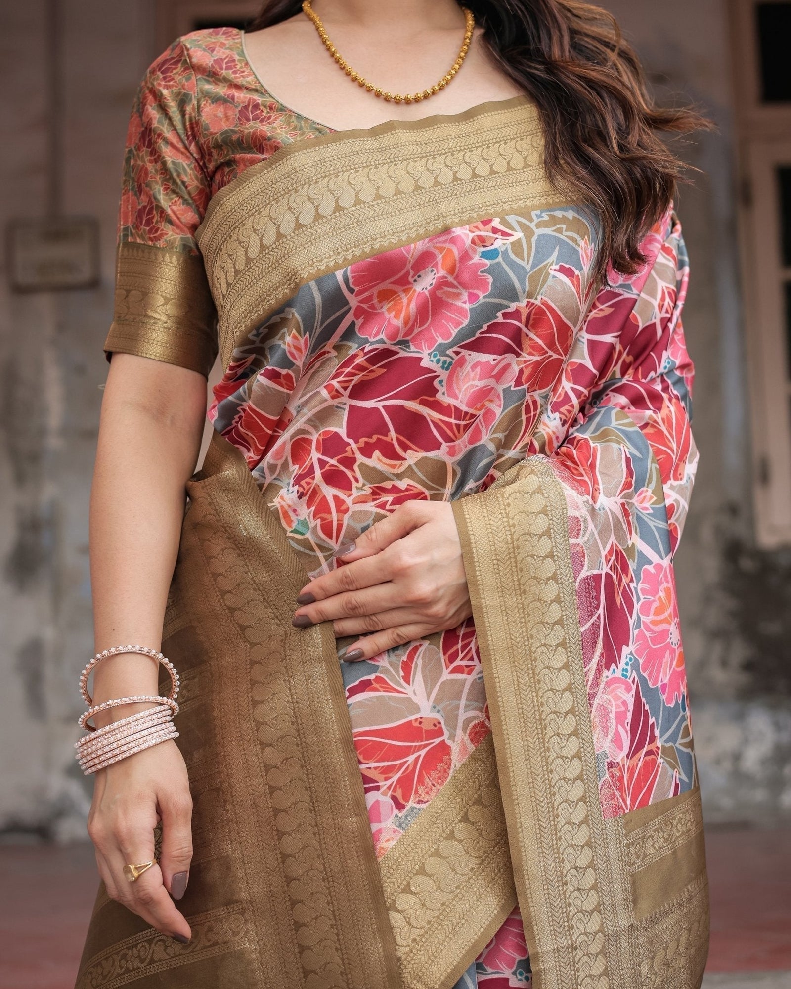 Gold Banarasi Silk Saree with Bold Floral Print and Intricate Zari Border BANARASI PRINTED