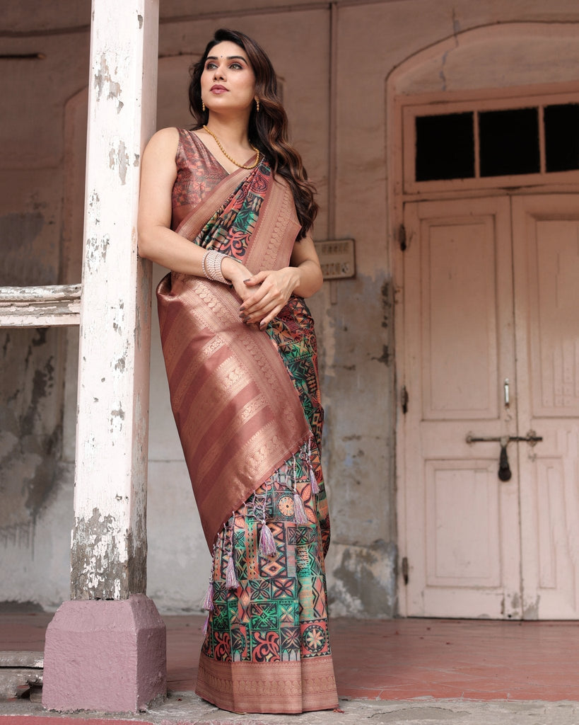Multicolor Geometric Print Banarasi Silk Saree with Copper Zari Border BANARASI PRINTED