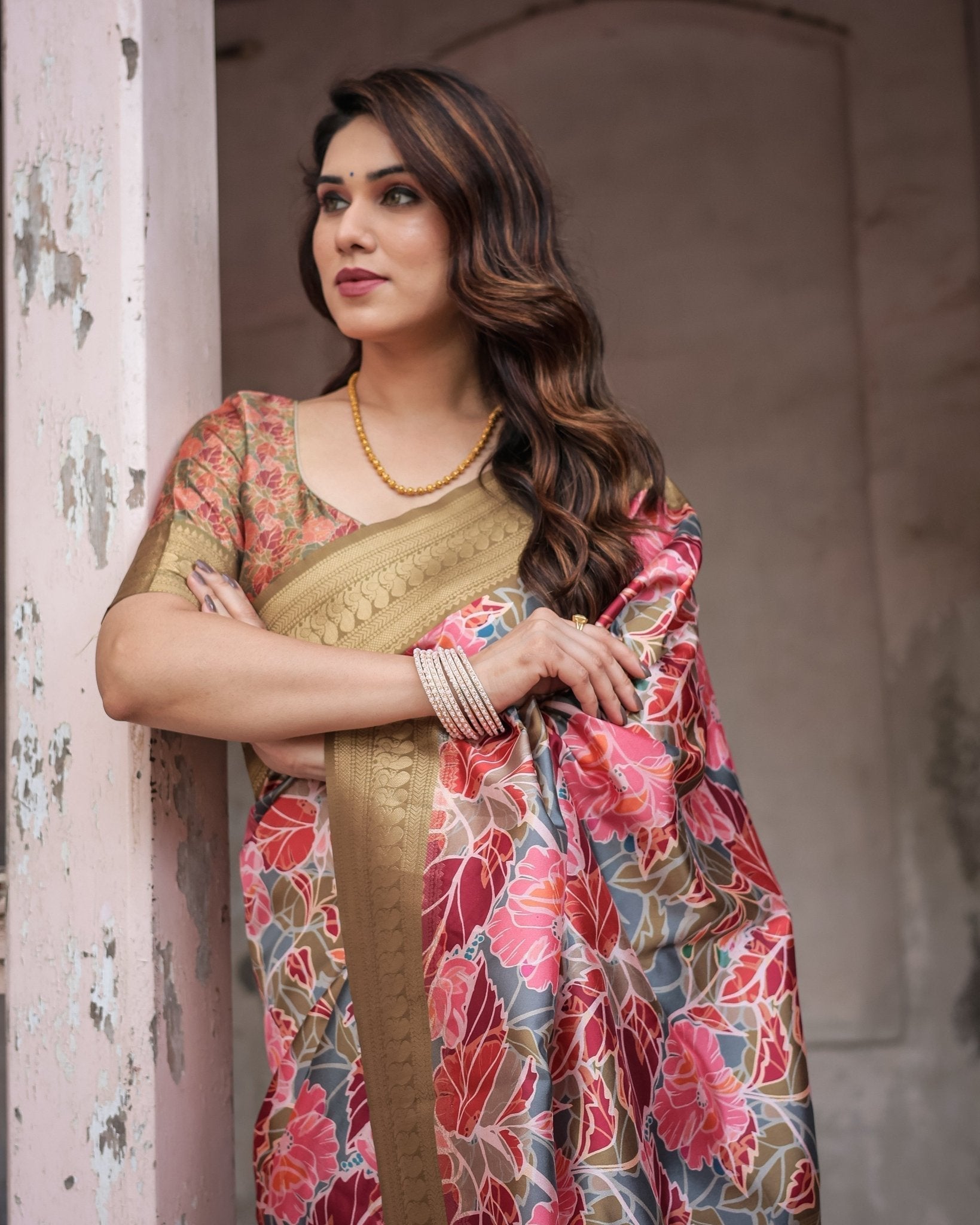 Gold Banarasi Silk Saree with Bold Floral Print and Intricate Zari Border BANARASI PRINTED