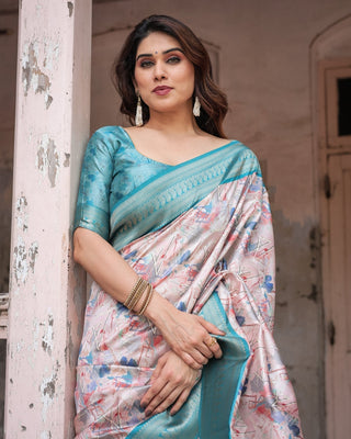 Mesmerizing Aqua Banarasi Silk Saree with Digital Print and Tassels BANARASI PRINTED