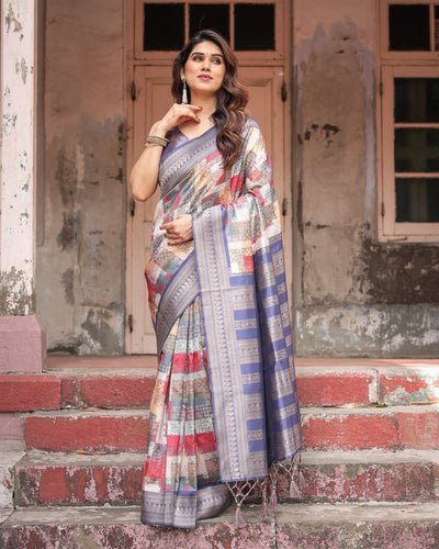 Multicolor Banarasi Silk Saree with Abstract Checkered Print & Lavender Zari Border BANARASI PRINTED