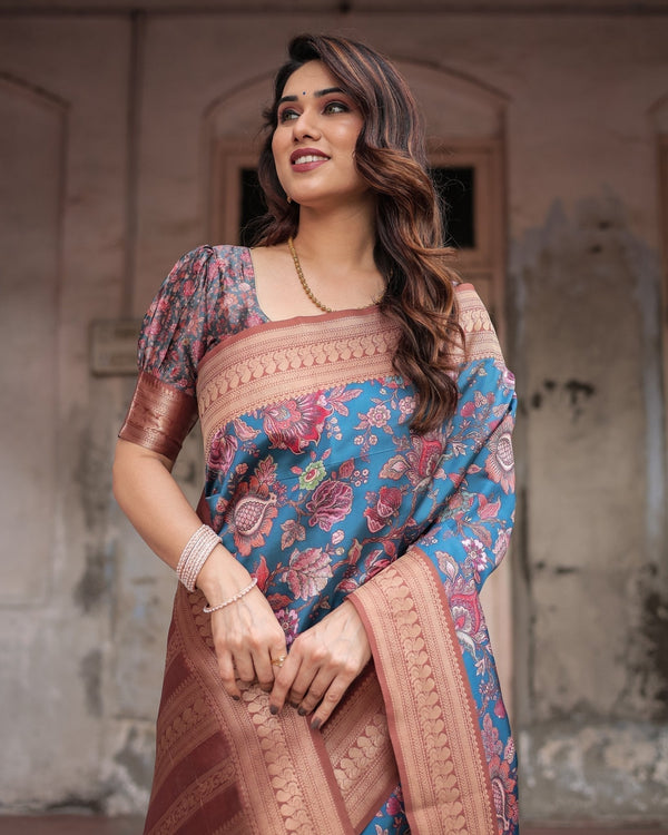 Teal Banarasi Silk Saree with Rust Zari Border and Floral Motifs BANARASI PRINTED