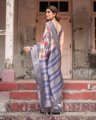 Multicolor Banarasi Silk Saree with Abstract Checkered Print & Lavender Zari Border BANARASI PRINTED