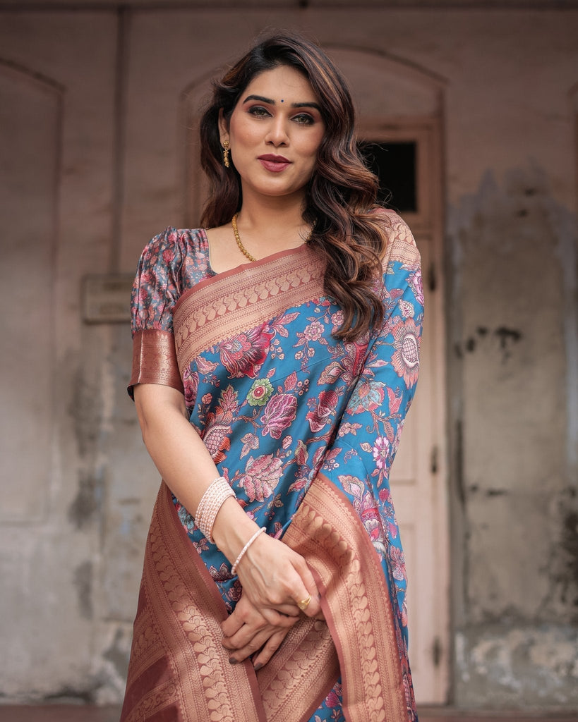 Teal Banarasi Silk Saree with Rust Zari Border and Floral Motifs BANARASI PRINTED