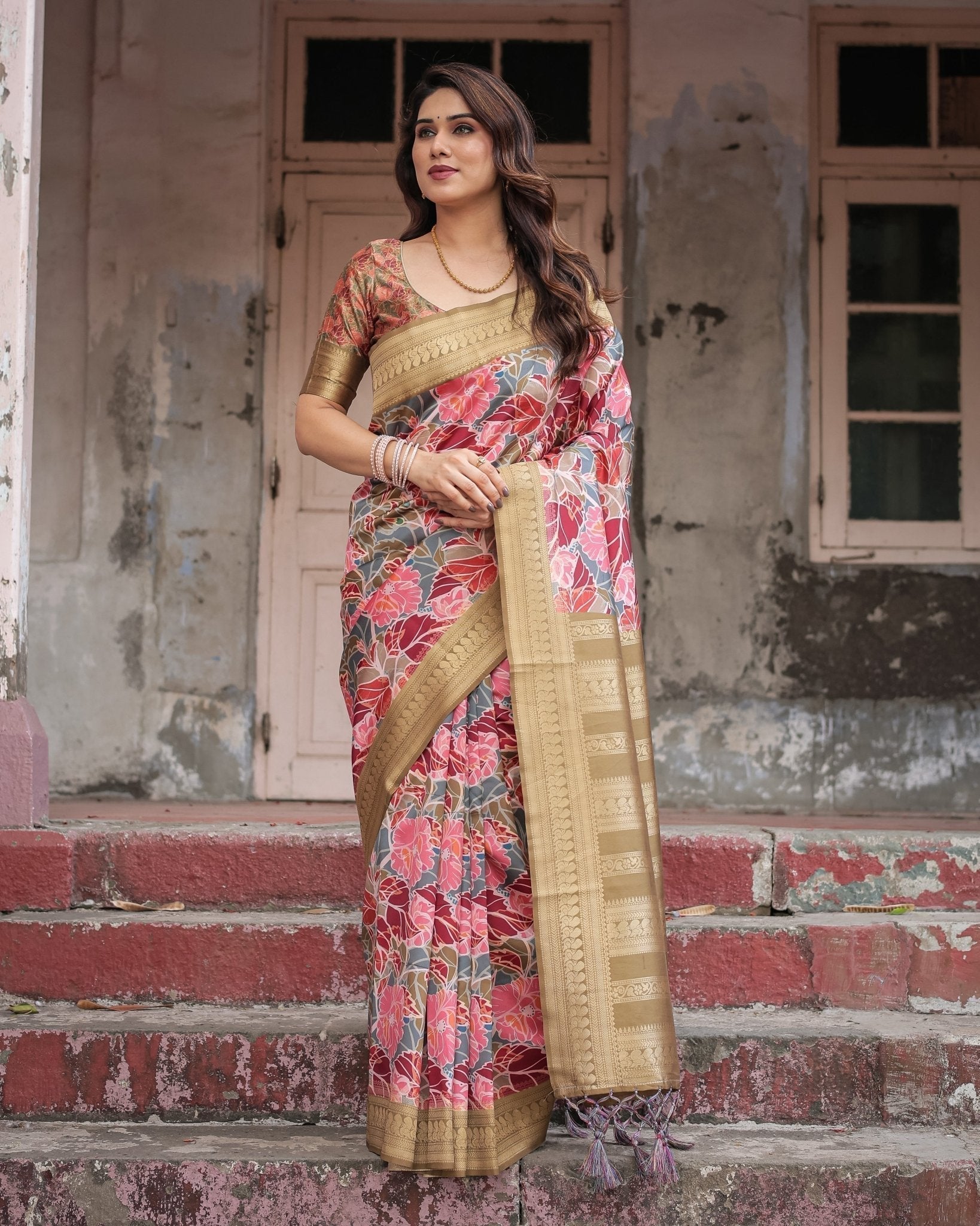 Gold Banarasi Silk Saree with Bold Floral Print and Intricate Zari Border Secondary image