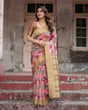 Load image into Gallery viewer, Gold Banarasi Silk Saree with Bold Floral Print and Intricate Zari Border BANARASI PRINTED