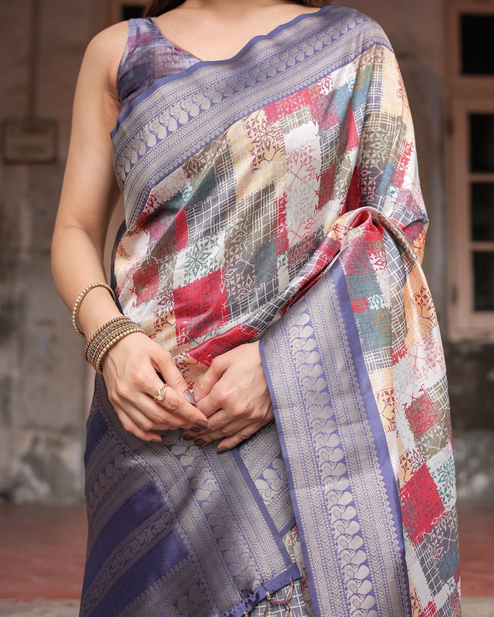 Multicolor Banarasi Silk Saree with Abstract Checkered Print & Lavender Zari Border BANARASI PRINTED