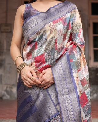 Multicolor Banarasi Silk Saree with Abstract Checkered Print & Lavender Zari Border BANARASI PRINTED