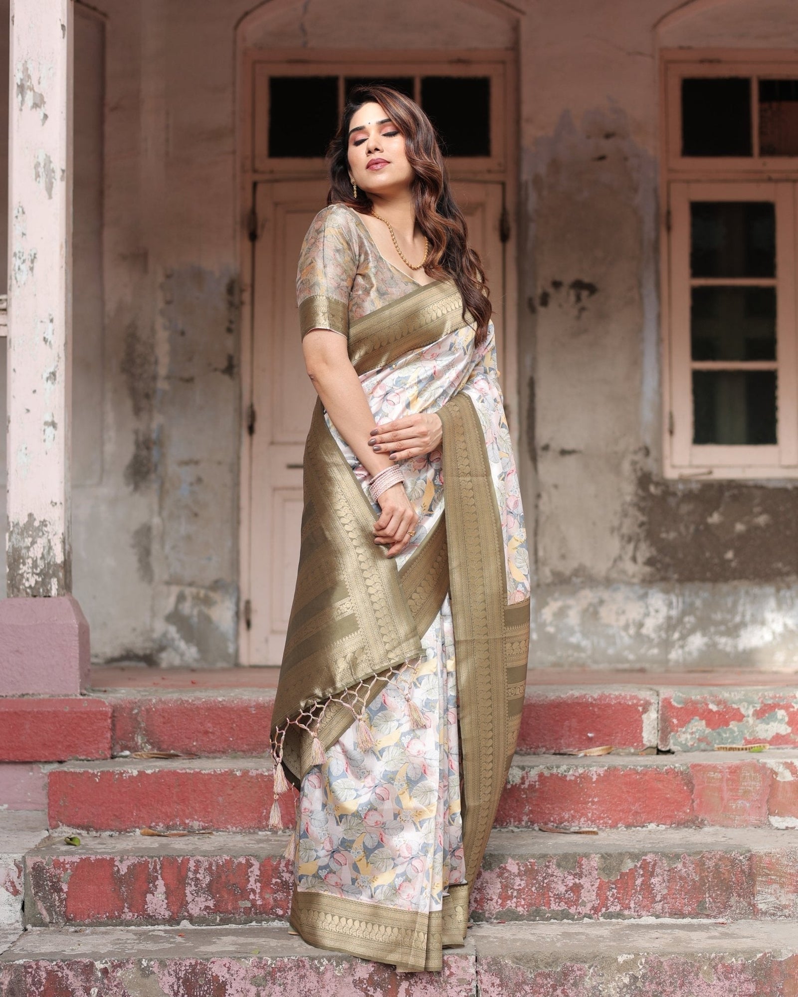 Ivory Banarasi Silk Saree with Gold Zari Border and Multicolor Floral Design BANARASI PRINTED
