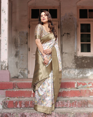 Ivory Banarasi Silk Saree with Gold Zari Border and Multicolor Floral Design BANARASI PRINTED