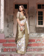 Load image into Gallery viewer, Ivory Banarasi Silk Saree with Gold Zari Border and Multicolor Floral Design BANARASI PRINTED