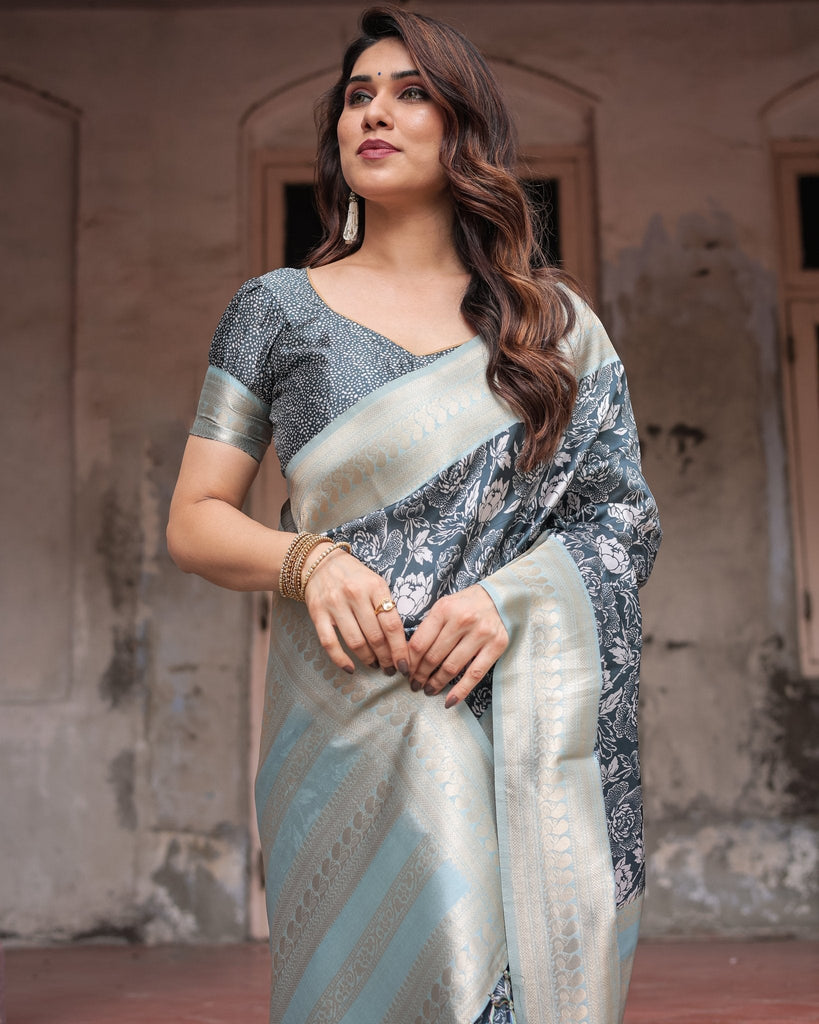 Sophisticated Floral Banarasi Silk Saree with Light Blue Zari Border BANARASI PRINTED