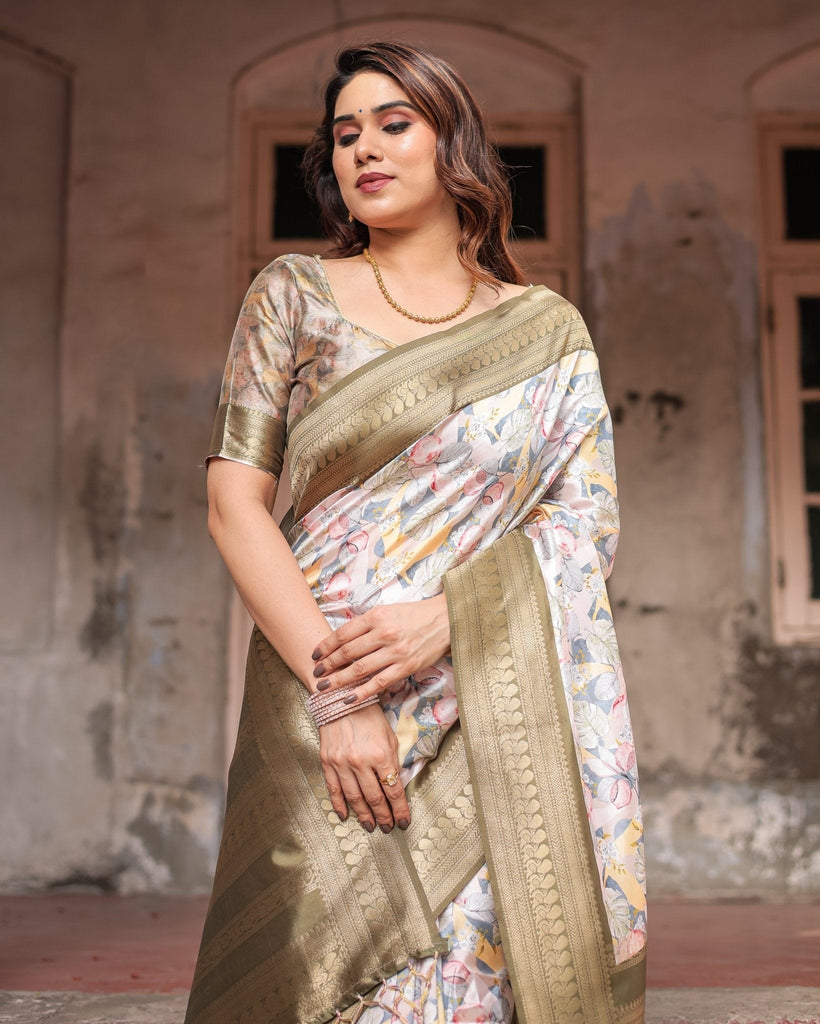 Ivory Banarasi Silk Saree with Gold Zari Border and Multicolor Floral Design BANARASI PRINTED