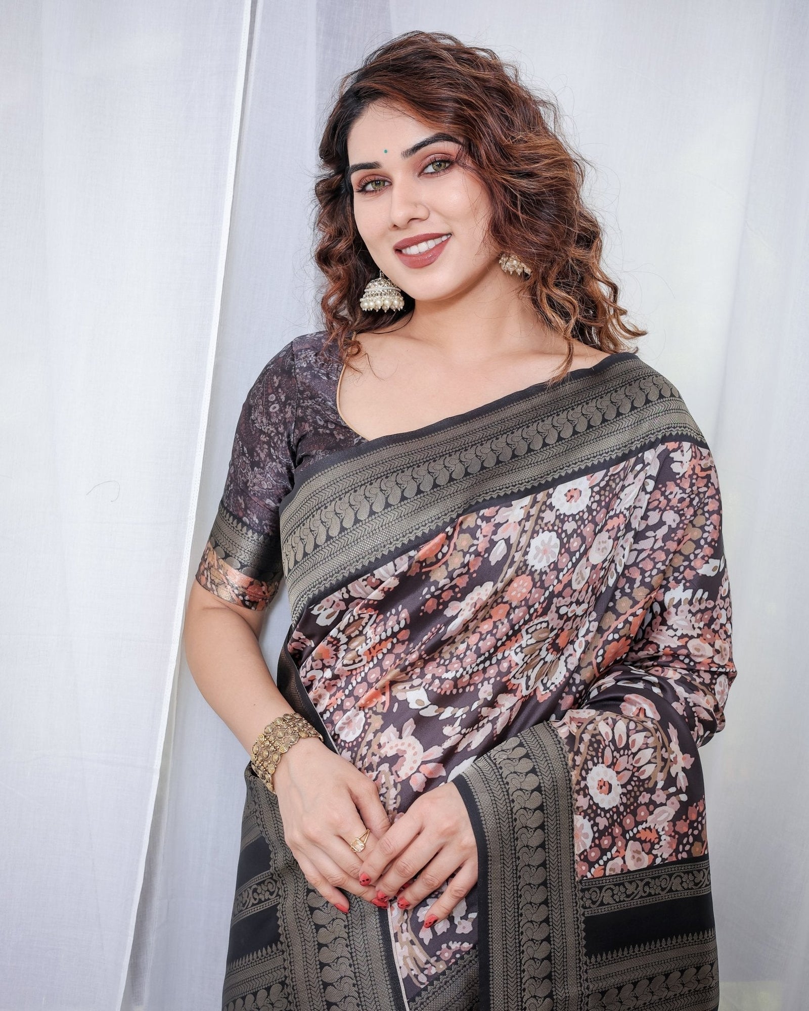 Exquisite Black and Pink Floral Banarasi Silk Saree with Intricate Tassels BANARASI PRINTED