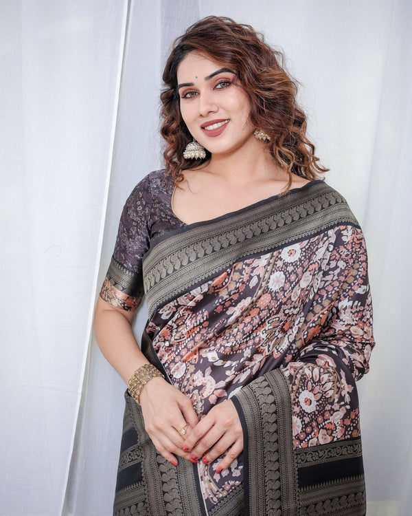 Exquisite Black and Pink Floral Banarasi Silk Saree with Intricate Tassels BANARASI PRINTED