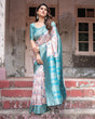 Load image into Gallery viewer, Mesmerizing Aqua Banarasi Silk Saree with Digital Print and Tassels BANARASI PRINTED