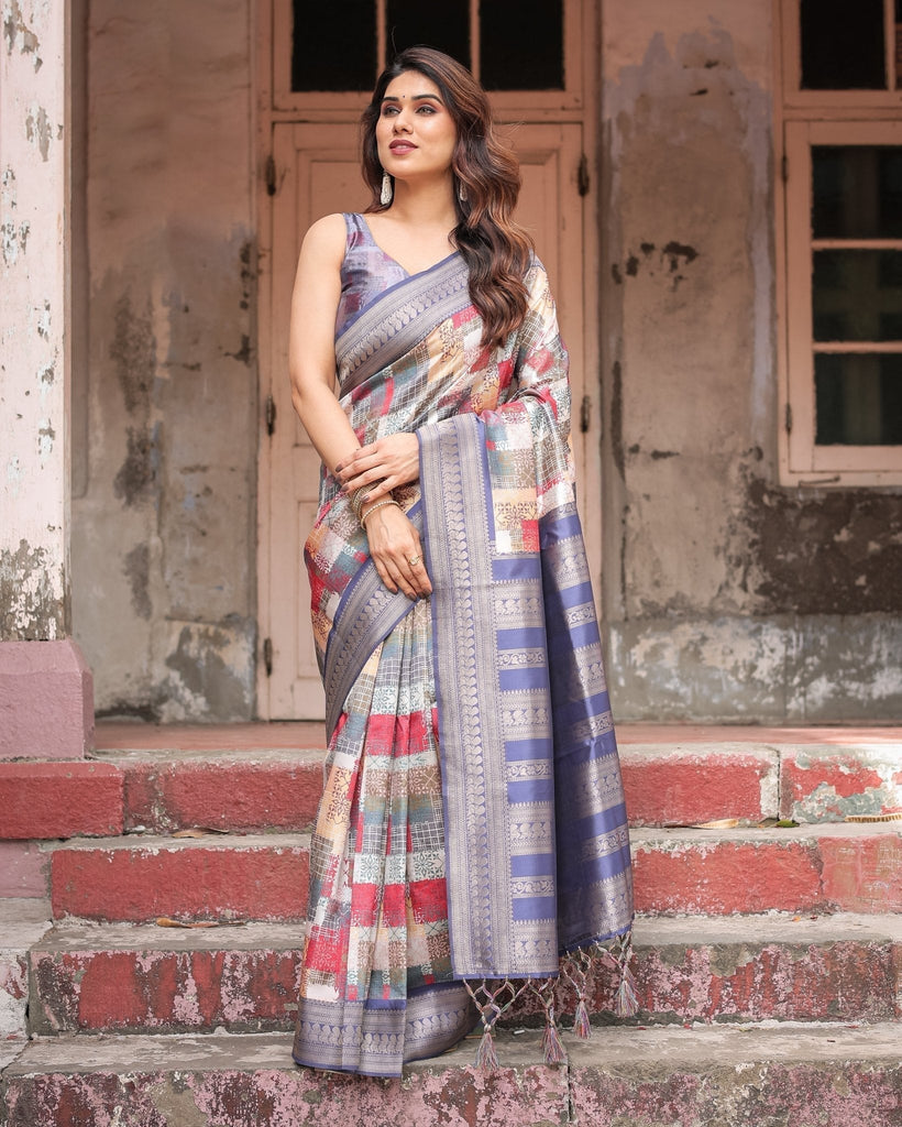 Multicolor Banarasi Silk Saree with Abstract Checkered Print & Lavender Zari Border BANARASI PRINTED