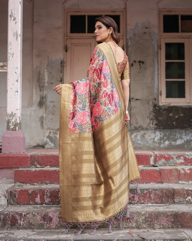 Gold Banarasi Silk Saree with Bold Floral Print and Intricate Zari Border BANARASI PRINTED