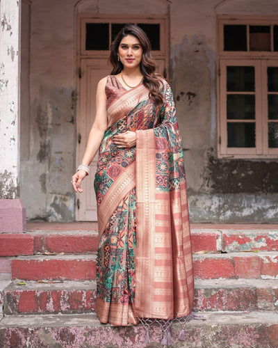 Multicolor Geometric Print Banarasi Silk Saree with Copper Zari Border BANARASI PRINTED