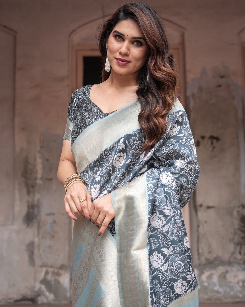 Sophisticated Floral Banarasi Silk Saree with Light Blue Zari Border BANARASI PRINTED