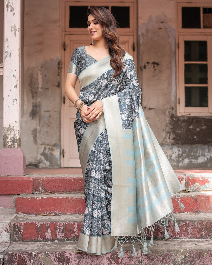 Sophisticated Floral Banarasi Silk Saree with Light Blue Zari Border BANARASI PRINTED