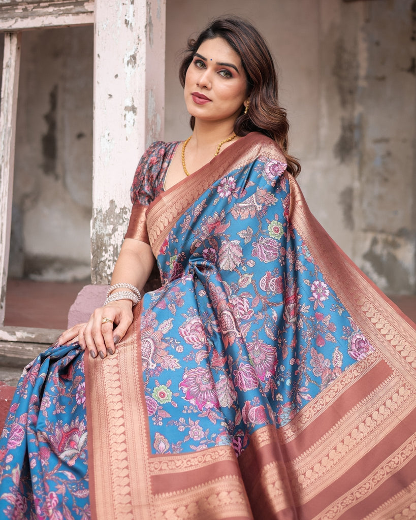Teal Banarasi Silk Saree with Rust Zari Border and Floral Motifs BANARASI PRINTED