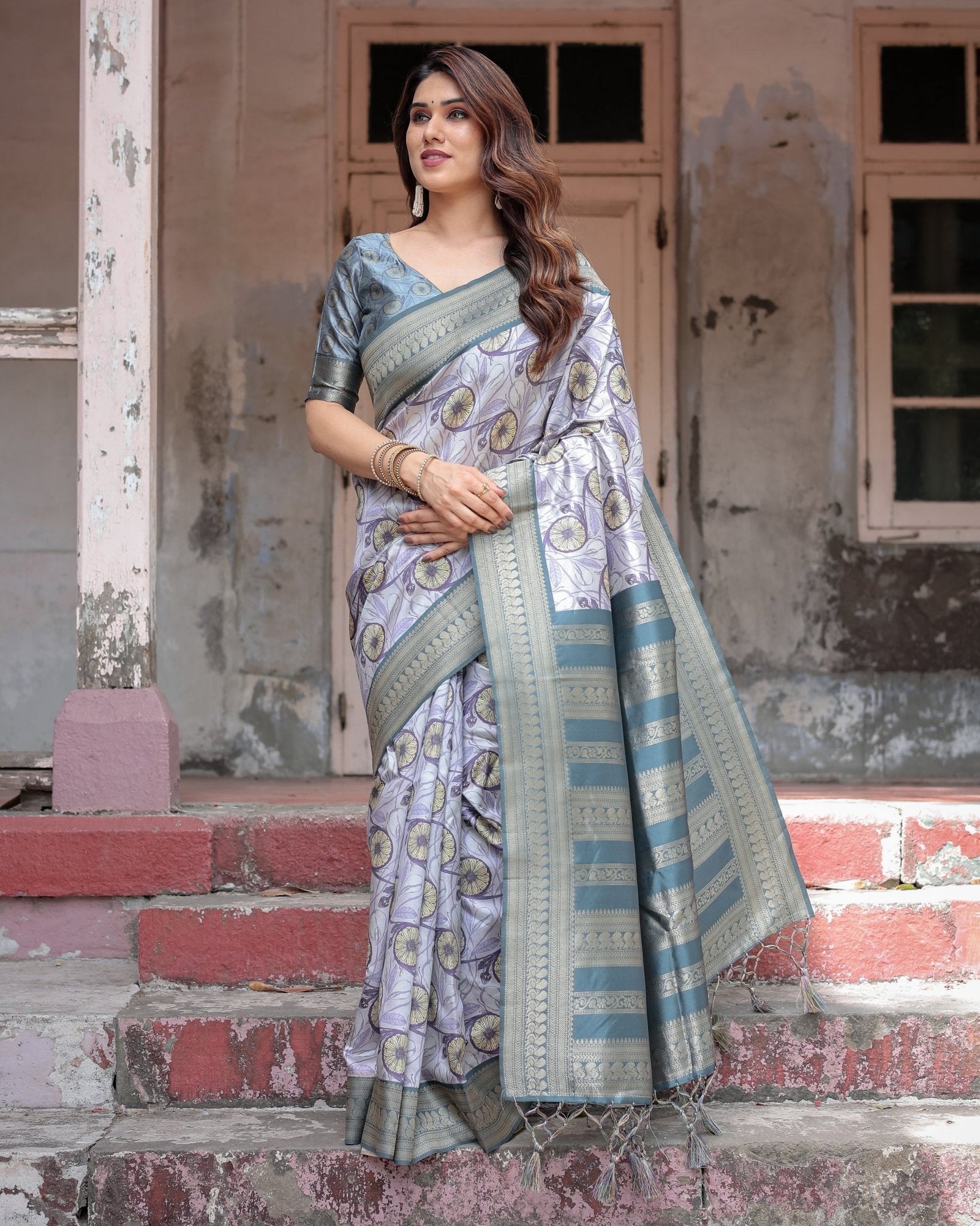 Sophisticated Lilac Banarasi Silk Saree with Floral Prints and Zari Tassel Border BANARASI PRINTED