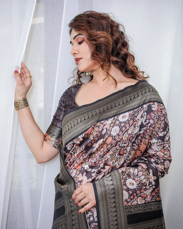 Exquisite Black and Pink Floral Banarasi Silk Saree with Intricate Tassels BANARASI PRINTED