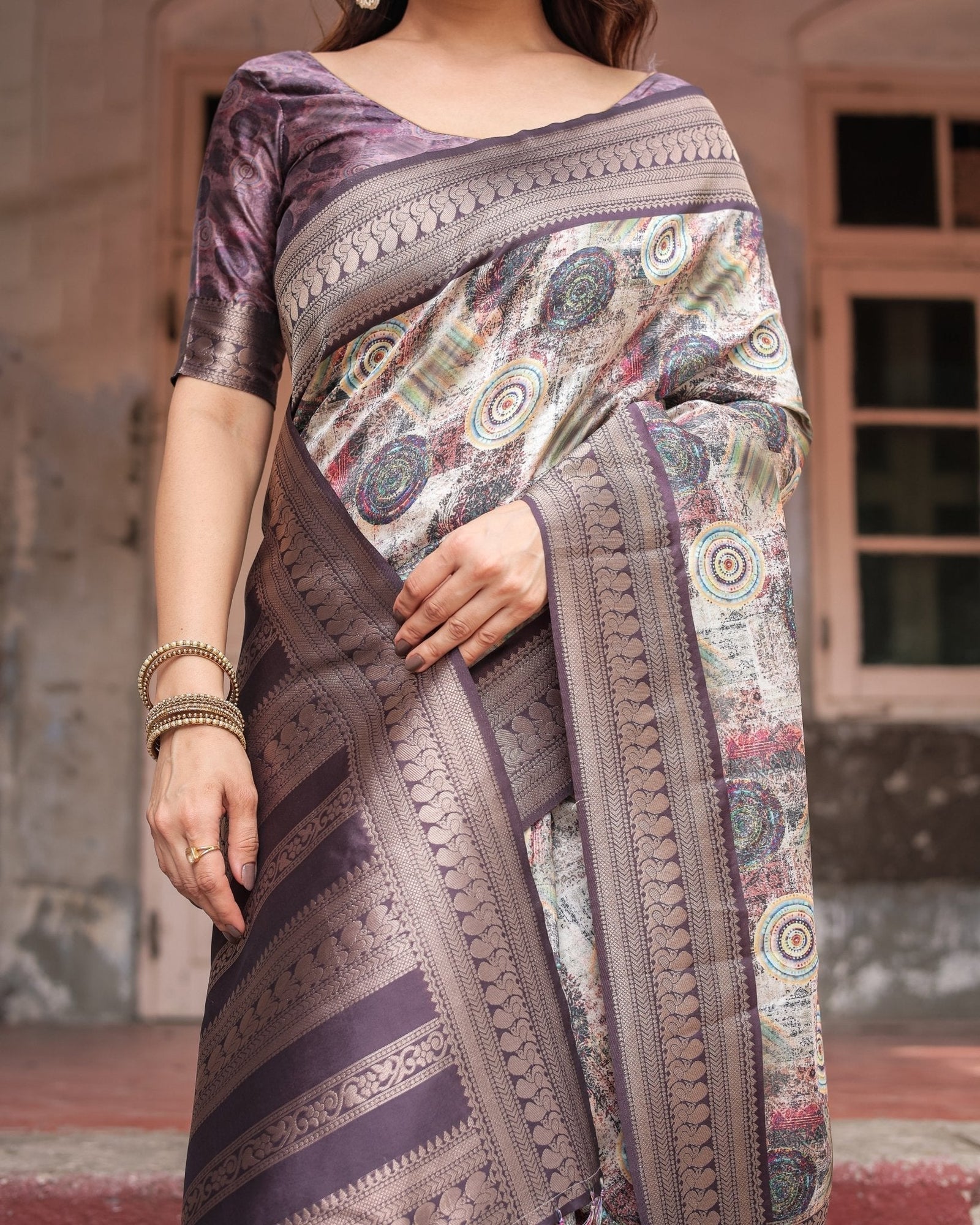 Regal Purple Banarasi Silk Saree with Digital Print and Ornate Border BANARASI PRINTED