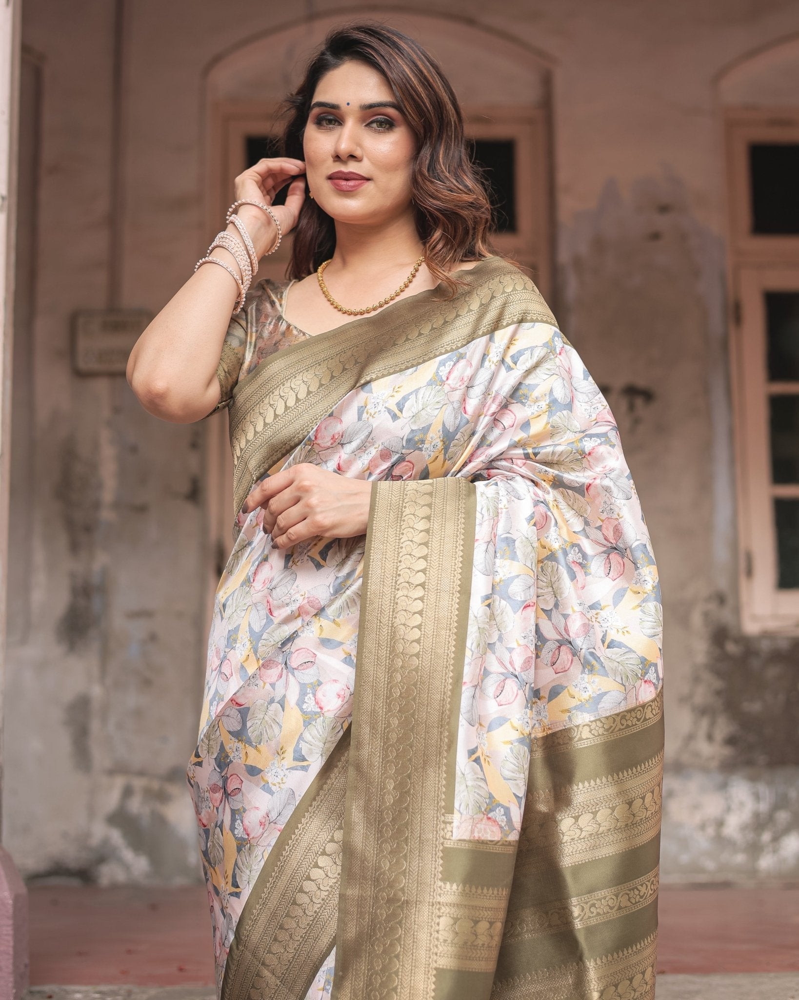 Ivory Banarasi Silk Saree with Gold Zari Border and Multicolor Floral Design BANARASI PRINTED