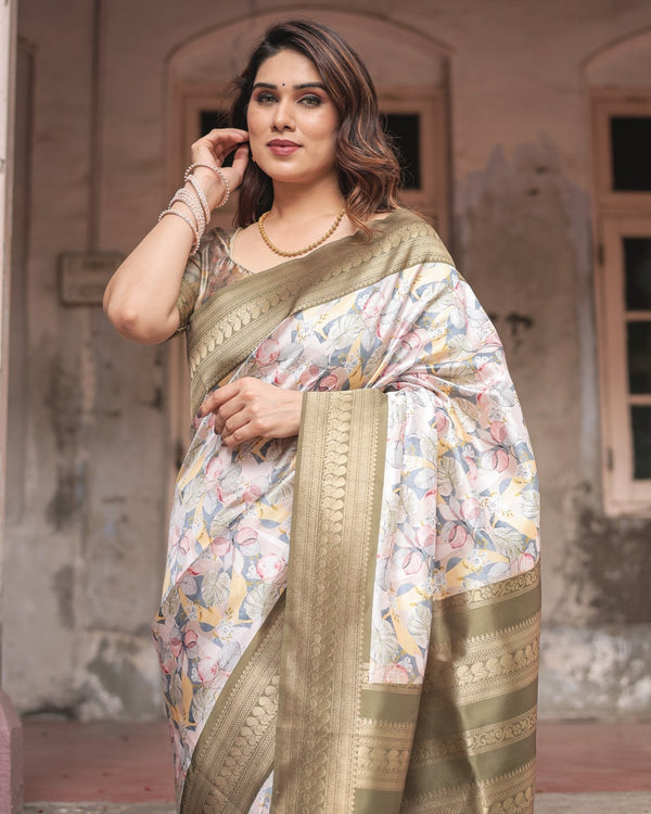 Ivory Banarasi Silk Saree with Gold Zari Border and Multicolor Floral Design BANARASI PRINTED