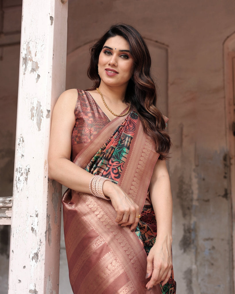 Multicolor Geometric Print Banarasi Silk Saree with Copper Zari Border BANARASI PRINTED