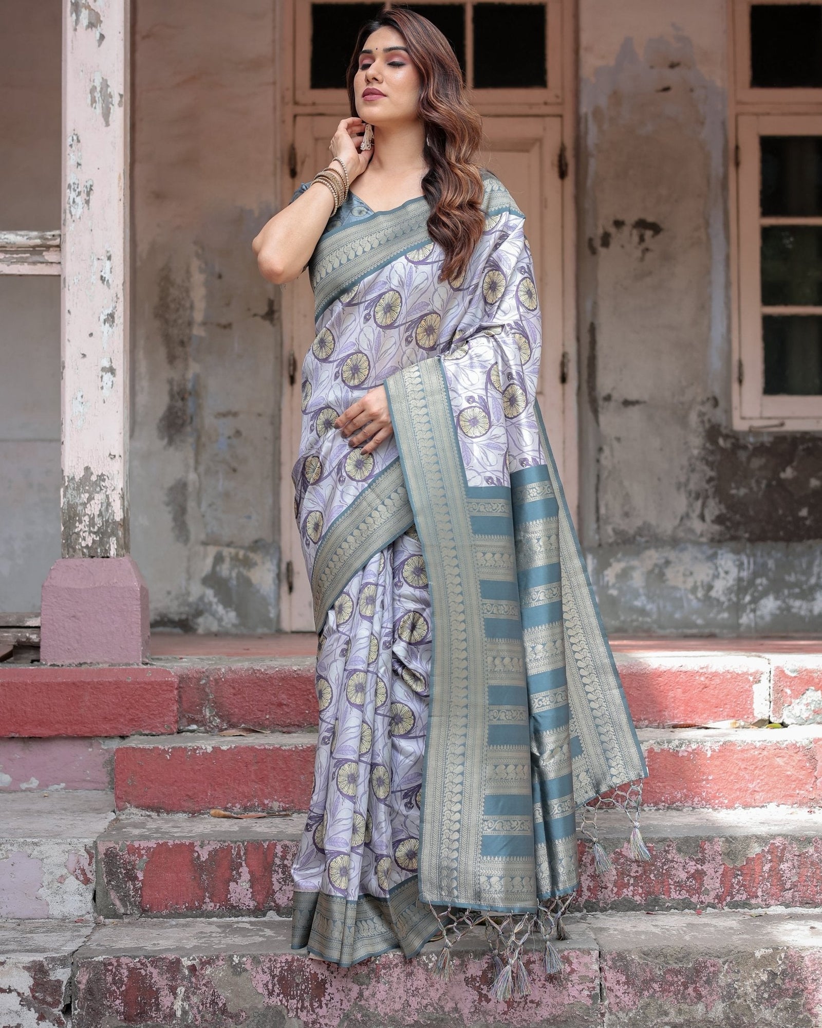 Sophisticated Lilac Banarasi Silk Saree with Floral Prints and Zari Tassel Border BANARASI PRINTED