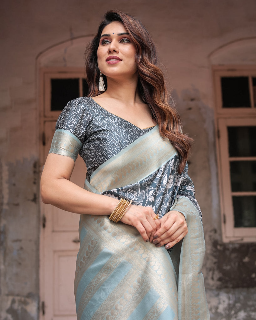 Sophisticated Floral Banarasi Silk Saree with Light Blue Zari Border BANARASI PRINTED