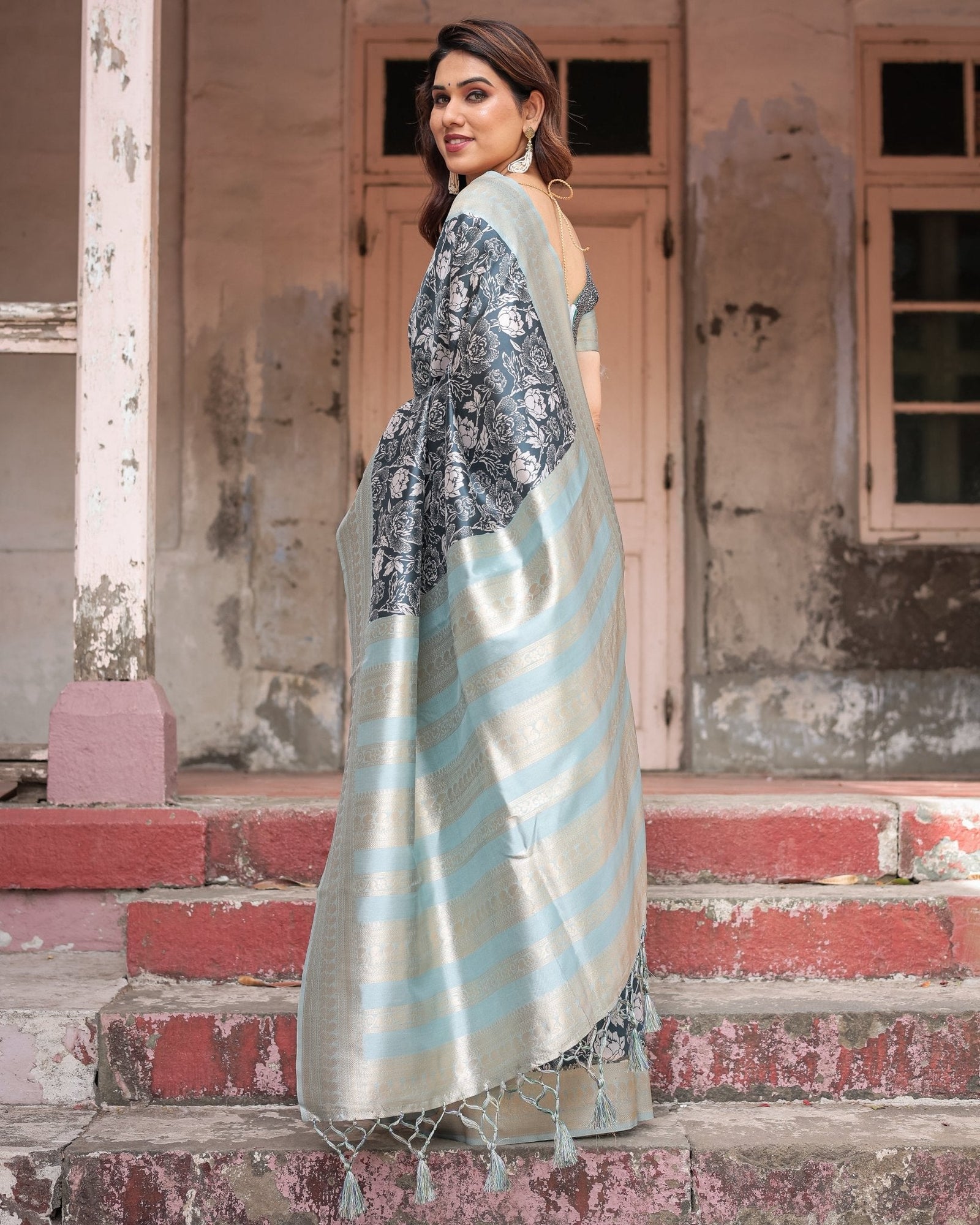 Sophisticated Floral Banarasi Silk Saree with Light Blue Zari Border BANARASI PRINTED