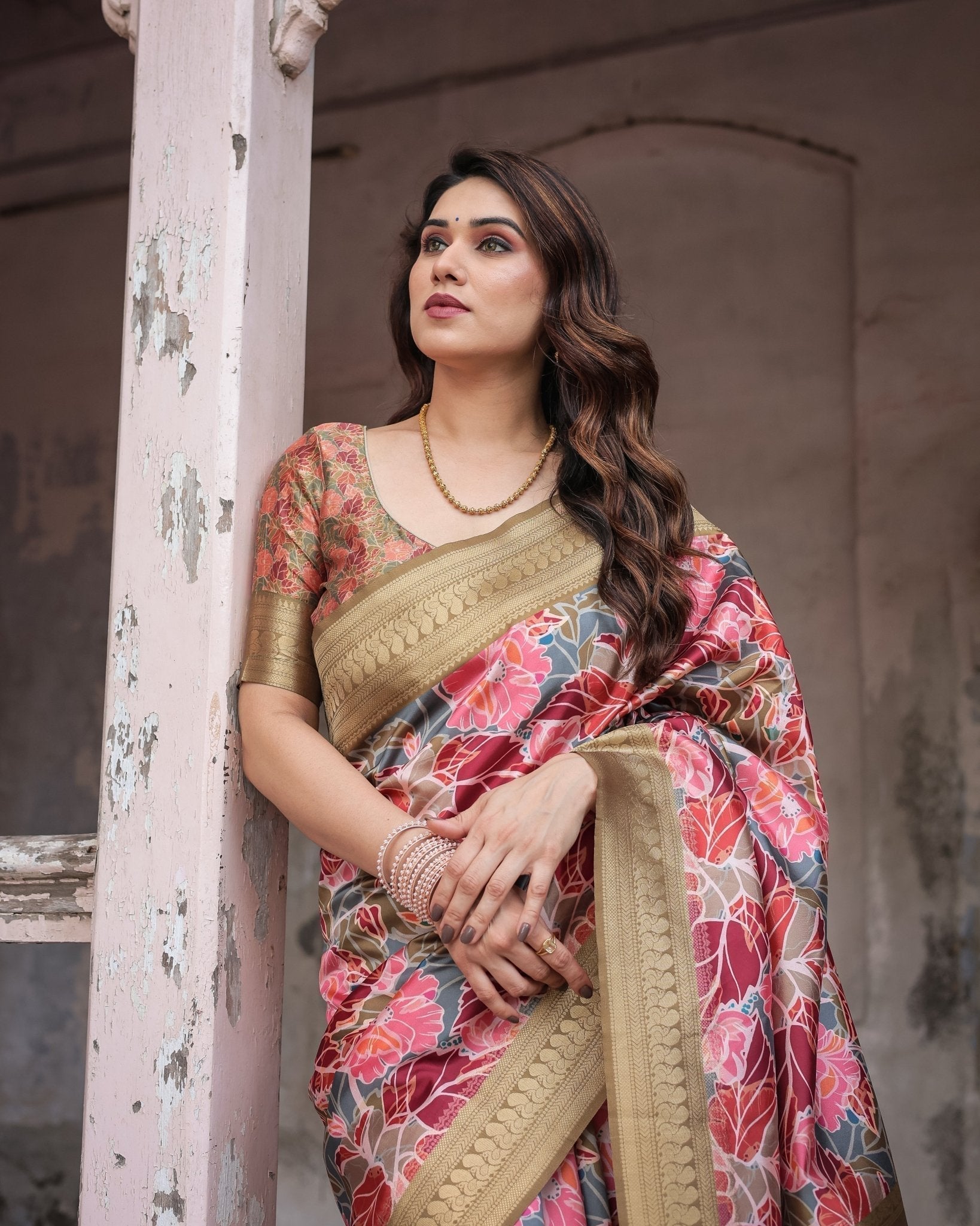 Gold Banarasi Silk Saree with Bold Floral Print and Intricate Zari Border BANARASI PRINTED