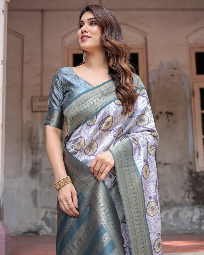 Sophisticated Lilac Banarasi Silk Saree with Floral Prints and Zari Tassel Border BANARASI PRINTED