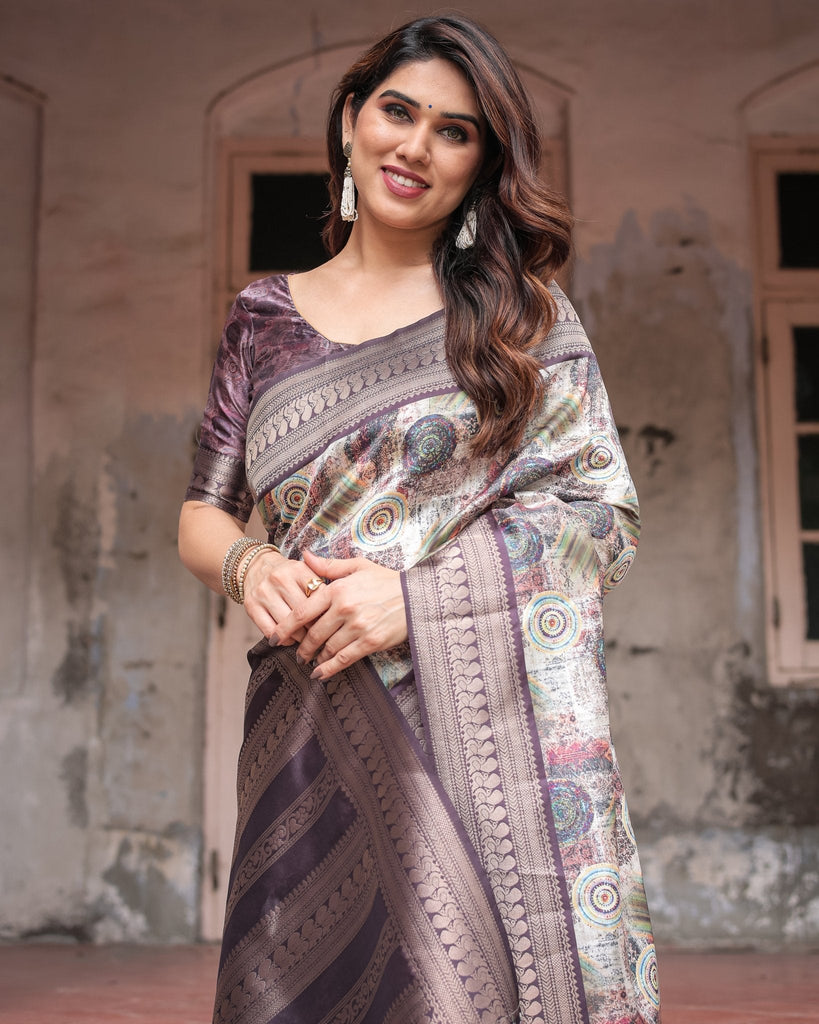Regal Purple Banarasi Silk Saree with Digital Print and Ornate Border BANARASI PRINTED