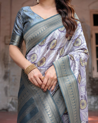 Sophisticated Lilac Banarasi Silk Saree with Floral Prints and Zari Tassel Border BANARASI PRINTED