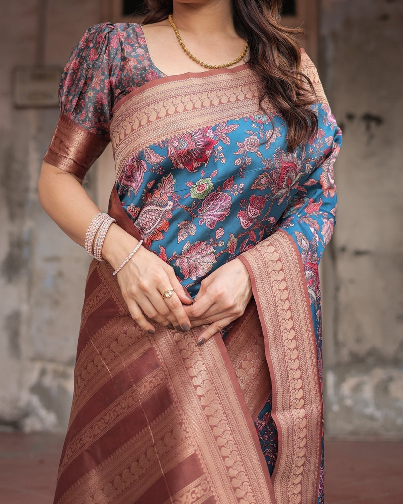 Teal Banarasi Silk Saree with Rust Zari Border and Floral Motifs BANARASI PRINTED