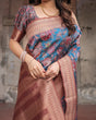 Load image into Gallery viewer, Teal Banarasi Silk Saree with Rust Zari Border and Floral Motifs BANARASI PRINTED
