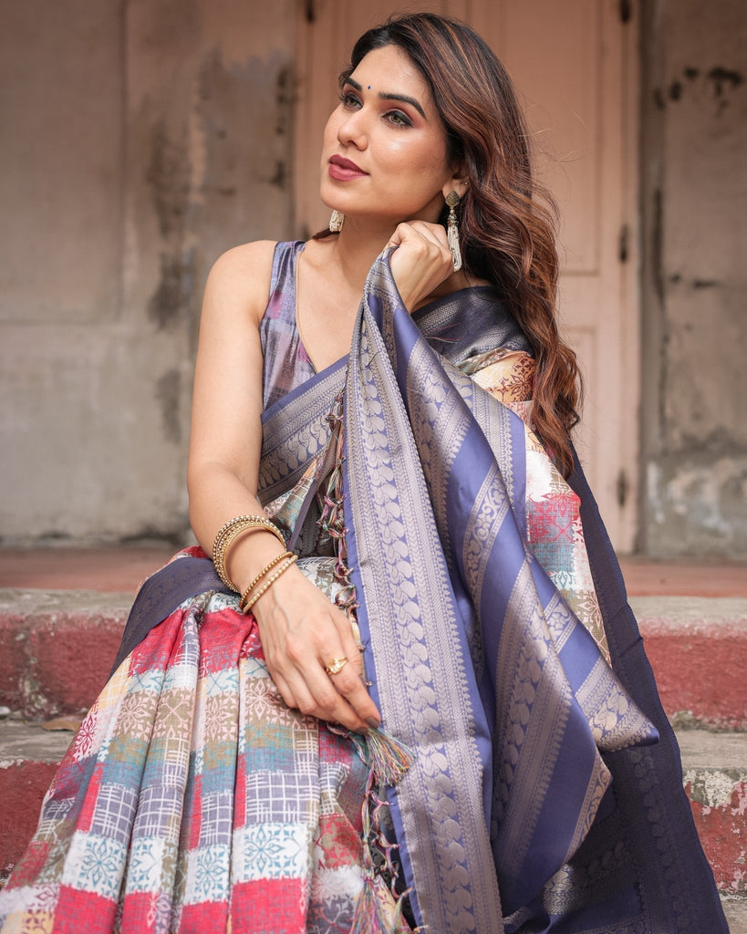 Multicolor Banarasi Silk Saree with Abstract Checkered Print & Lavender Zari Border BANARASI PRINTED