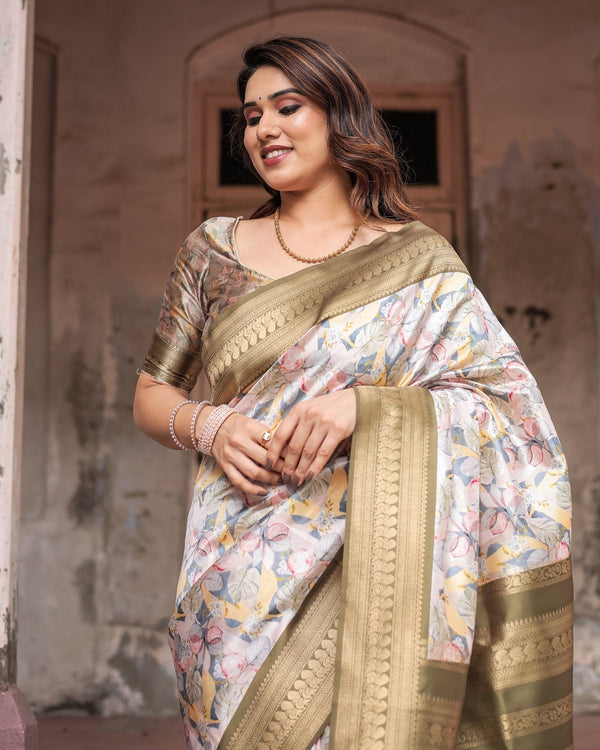 Ivory Banarasi Silk Saree with Gold Zari Border and Multicolor Floral Design BANARASI PRINTED
