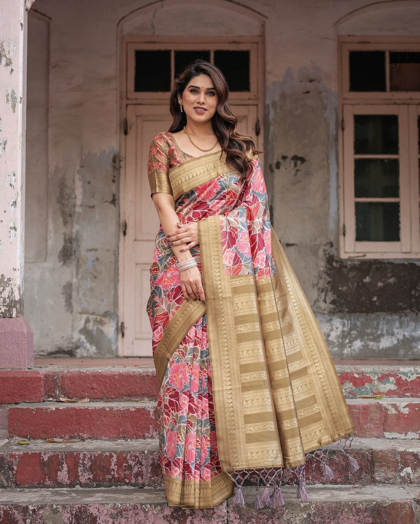 Gold Banarasi Silk Saree with Bold Floral Print and Intricate Zari Border BANARASI PRINTED
