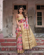 Load image into Gallery viewer, Gold Banarasi Silk Saree with Bold Floral Print and Intricate Zari Border BANARASI PRINTED