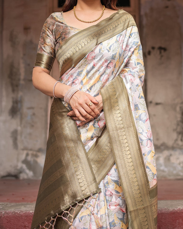 Ivory Banarasi Silk Saree with Gold Zari Border and Multicolor Floral Design BANARASI PRINTED