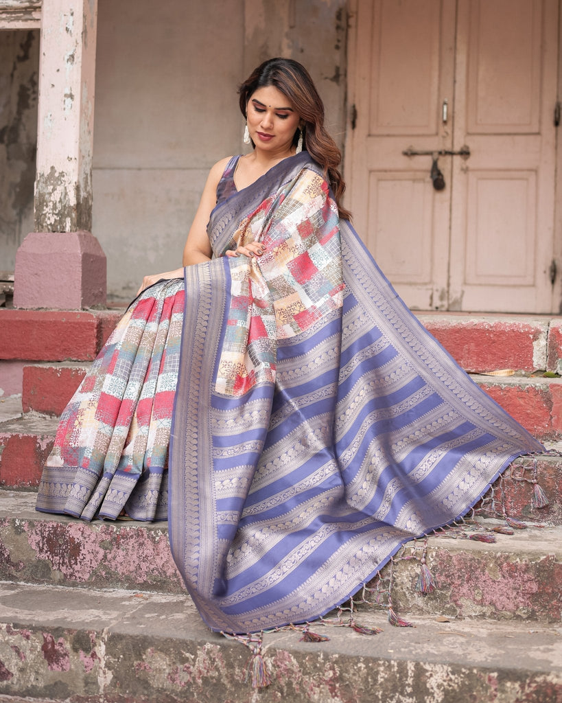 Multicolor Banarasi Silk Saree with Abstract Checkered Print & Lavender Zari Border BANARASI PRINTED