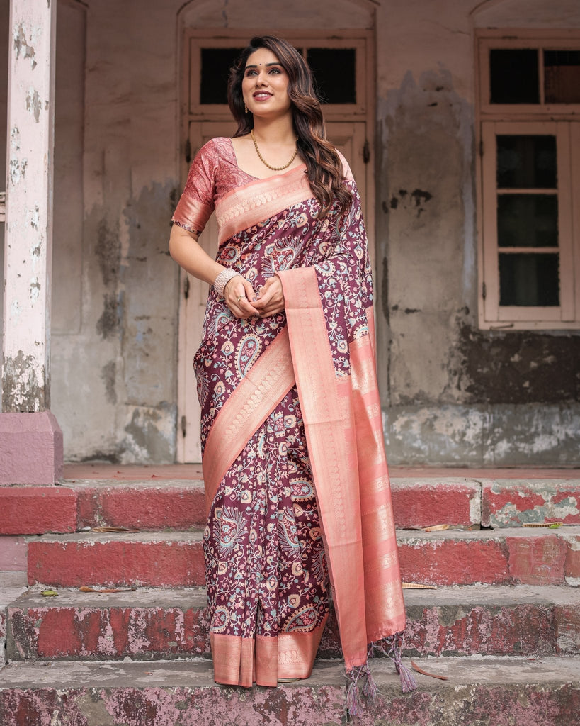 Maroon Banarasi Silk Saree with Peach Zari Border and Paisley Motifs BANARASI PRINTED