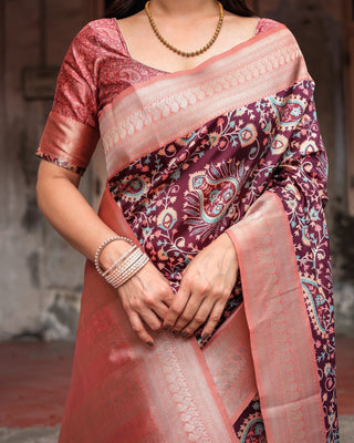 Maroon Banarasi Silk Saree with Peach Zari Border and Paisley Motifs BANARASI PRINTED
